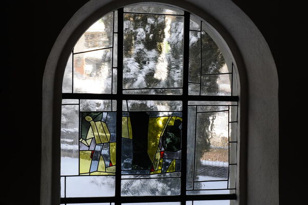 Stained glass windows by Swiss painter Willi Müller, church of Neuenegg, Switzerland